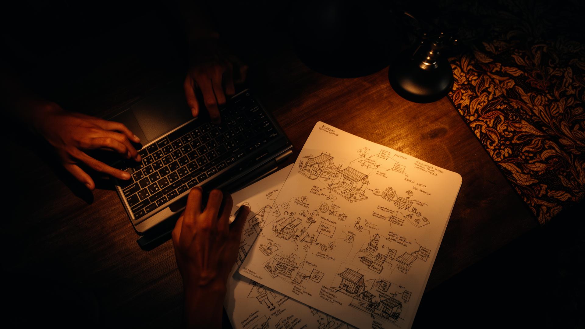 Tangan mengetik di laptop dengan sketsa diagram sistem desa di kertas, kain batik di sisi meja kayu