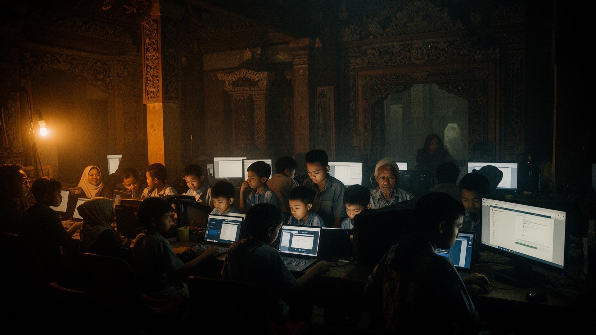Kampung IT Solo — suasana belajar warga lintas usia mengelilingi laptop di RT 06/21 Surakarta dengan ornamen Jawa